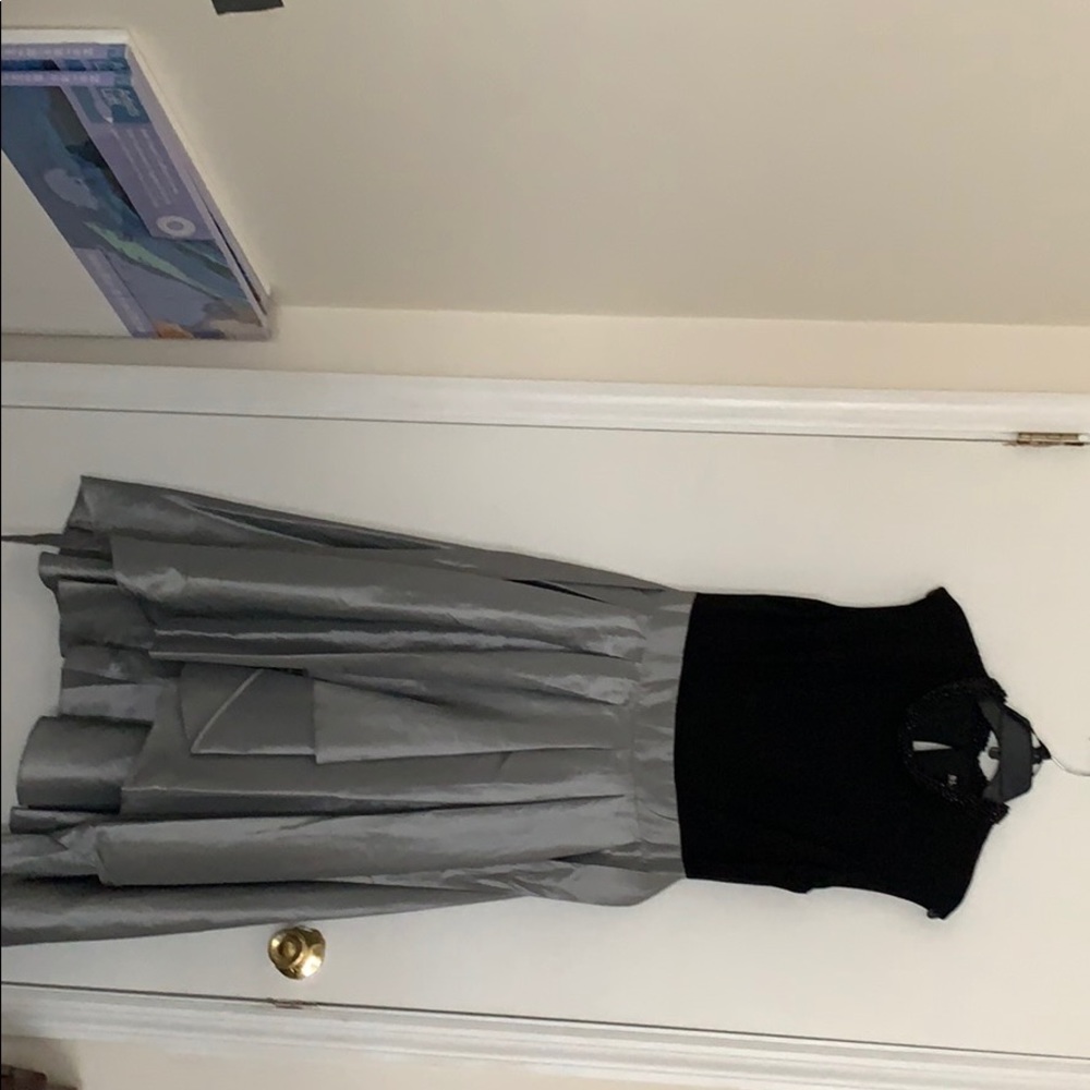 Silver and black cocktail dress beaded neckline.